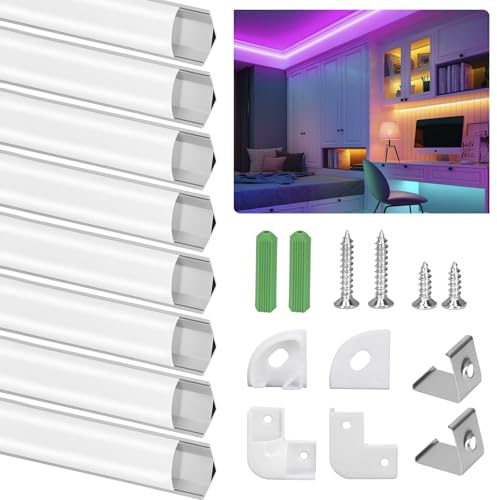 Ykall LED Aluprofil V-Form 8 x1m Set inkl. Zubehör für LED Streifen | V-Form Aluprofil 8x1m Set mit Diffusor & Zubehör. Inkl. Endkappen, Eckverbinder, Schrauben & Clips. Für Streifen bis 12 mm.