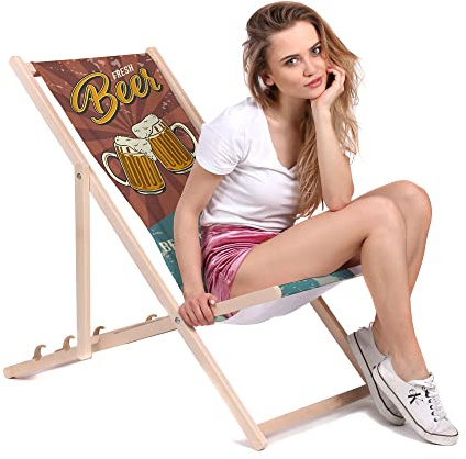 DreamRoots Liegestuhl klappbar Buchenholz, Beer | Klappliegestuhl Holz, Buchenholz, bis 130 kg, 3-fach verstellbar, waschbarer Polyesterbezug, für Garten & Terrasse