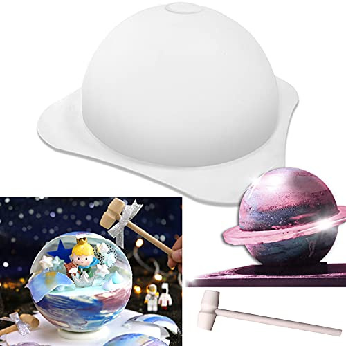 Large Silicone Planet Mousse Mold Cake Fondant Chocolate Mould + 2X Hammers | Ice Cube Tray Soap Making Molds Non Stick Round Ball Dessert Jelly Candy Pan Kitchen Baking Tool DIY