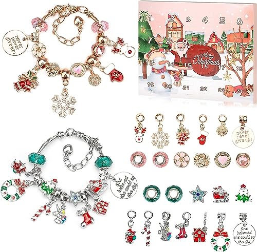 Adventskalender 2022 Mädchen Weihnachten Countdown Kalender, Weihnachten Thema DIY Charm Armband Making Kit für Mädchen, Schmuck-Geschenk-Set mit 24 Charms Perlen, 2 Armbänder