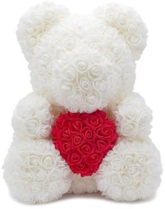 OISE ART STORE Trade Shop - Orsacchiotto Orsetto Orso di Rose con Fiori Rose da 25cm Bianco con Cuore Rosso