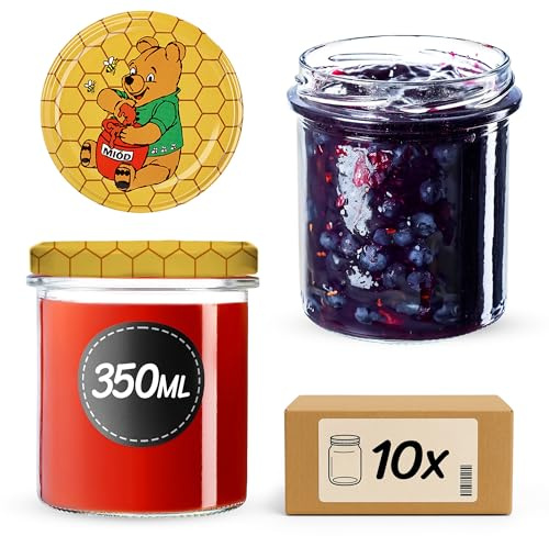 KADAX Lot de 10 bocaux en verre 350ml Ø82 à pois rouges – Couvercle Twist-Off hermétique TO82 – Pour confitures, conserves, cornichons, miel & fermentation
