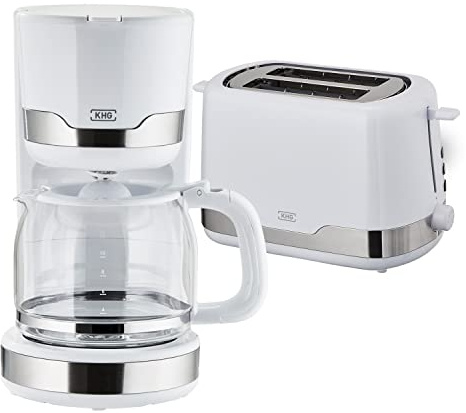 KHG Kaffeemaschine und Toaster Set 2-teilig in weiß, 1.000 & 850 Watt, Frühstücksset mit Kapazität 1,5 Liter & 2 Scheiben Toast, Küchenset mit Permanentfilter & Krümmelauffang