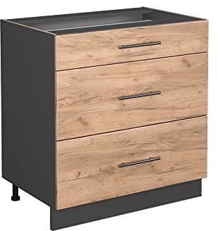 Vicco Mueble bajo de Cocina Fame-Line, Roble Dorado/Antracita, 80 cm con 3 cajones, sin encimera