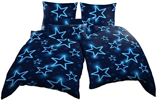 one-home Bettwäsche 135x200 cm + 40x80 cm Sterne Stars dunkel blau leuchtoptik Microfaser