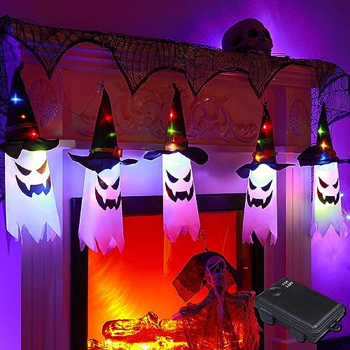 SHAVINGFUN Halloween Decorations Outdoor,5 Pcs Extra Long Glowing Ghost Witch Hat Halloween Indoor Decorations,3 M Waterproof Glowing Witch Hat for Garden, Yard, Tree