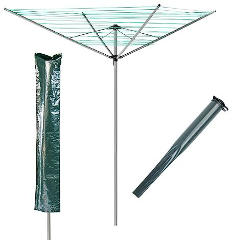 KCT 4 Arm Outdoor Rotary Washing Line - 40m Clothes Drying Area - With Ground Spike and Protective Cover