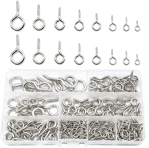 CEEYSEE 280 Pezzi Viti ad Occhiello 8 Taglie Occhielli a Vite Ganci Autofilettanti per Legno Soffitto Parete, Impiccagione, Ciondoli, Creazione di gioielli fai da te (Argento YJYZ)
