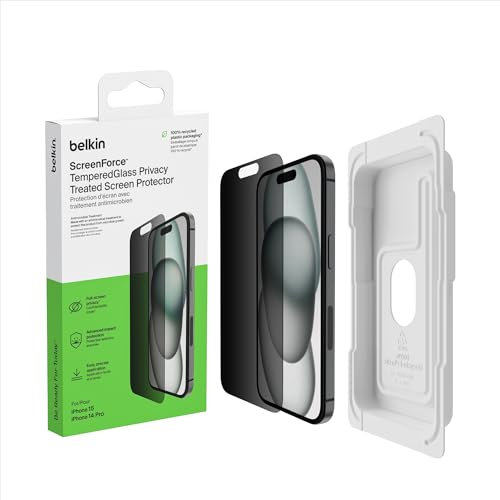 Belkin ScreenForce TemperedGlass antimikrobielle Display-Privacy-Schutzfolie für iPhone 15 und iPhone 14 Pro, dünn und kratzfest, inklusive Positionierungsschale für eine blasenfreie Applikation
