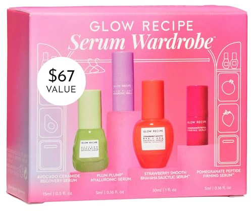 Glow Recipe Serum Travel Size Skin Care Set - Avocado Ceramide Serum + Strawberry Smooth AHA BHA Serum + Plum Plump Hyaluronic Acid Serum + Pomegranate Peptide Firming Serum (4 Count)