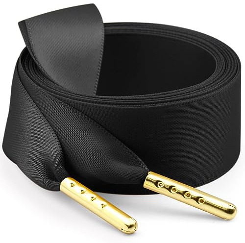 WEGOODZF Satinband skosnören: 2 cm breda platta skosnören i silke för kvinnor flickor 2 par ersättningsskosnöre för träningsskor stövlar sneakers, 01 Svart + Guld Metallspetsar, 55''(140cm)