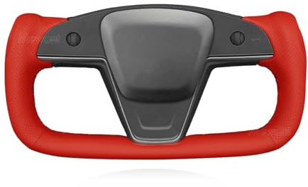 MEWANT Hand Sew Red Perforated PU Leather Car Steering Wheel Cover Wrap for Tesla Yoke Model S Plaid 2021-2023 / Model X 2021-2023 Steering Wheel Accessories for Tesla Yoke