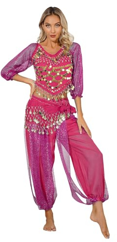iiniim Damen Bauchtanz Kostüm Langarm Tops + Haremhose Orientalische Indische Bauchtänzerin Tanzkleidung Halloween Fasching Karneval Party Outfits Dunkel Rosa Einheitsgröße