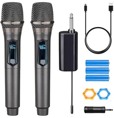 HUACAM Kabelloses Mikrofon, wiederaufladbares handgehaltenes dynamisches kabelloses Dual-Mikrofon zum Singen von Karaoke, Hochzeit, DJ, Party, Rede, Kirche, Unterricht, PA