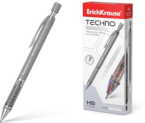 ErichKrause Druckbleistift HB 0,9mm grau mit Radiergummi 12 Stück - Bleistift für Büro Schule und Hobby - Minenstift zum Zeichnen Skizzieren Schreiben