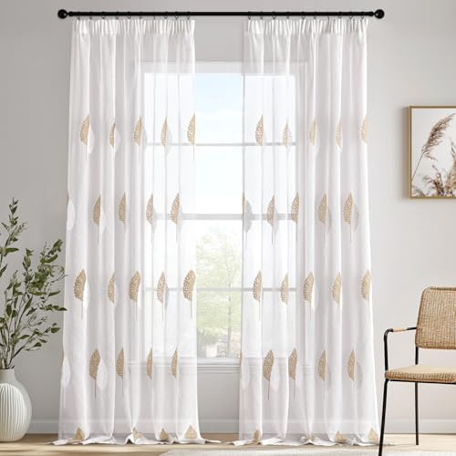 MIULEE Gardine Stickerei Blattmuster 2er Set B140 H245 Braun-Weiß | Transparente Gardine mit Stickerei Blattmuster und Kräuselband, modernes Dekor für Wohnzimmer und Schlafzimmer