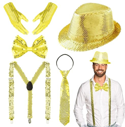 TUIBEIDAMAI Glitzer Outfit Herren,Glitzer Kostüm Accessoires Herre,mit Pailletten Hosenträger, Fliege, krawatte,Handschuhe,Pailletten Kostüm für Fasching Party Dance Performance