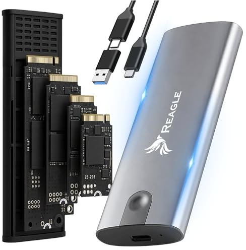 Reagle M.2 NVMe SATA SSD Gehäuse, USB 3.2 Gen 2 10Gbps, für 2230/2242/2260/2280, werkzeuglos, Aluminium, USB-C Adapter mit USB-A/C Kabel, Windows Mac Linux Android