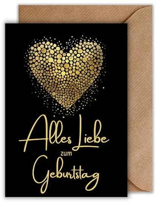 WBdesignz Geburtstagskarte mit Umschlag - Gold Schwarz Geburtstag Karte Gratulationskarte zur Geburtstagsfeier “Alles Liebe zum Geburtstag” Glückwunschkarte Herz Geschenkkarte (DIN A6)