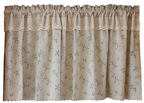 A.Monamour Tenda Corta in Cotone Lino per Finestra Piccola - Beige Floreale Stile Rétro Rustico Opaco - Pannello Bistrot Caffè Mezza Mantovana a Vetro