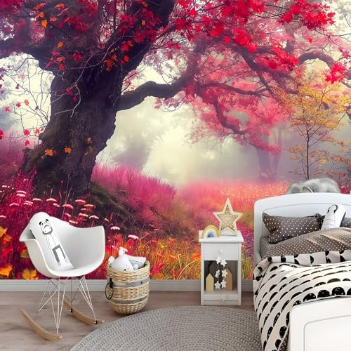 Generico Carta Da Parati Fotomurale Nebbia Foresta Autunnale - 250 X 175 Cm Carta Da Parati Fotografica Con Foglie Rosse, Fiori Di Campo E Alberi Per Soggiorno, Sala Giochi