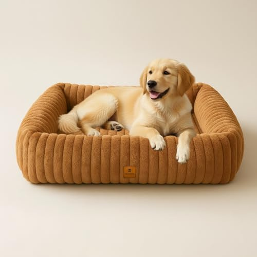 CareCooo Flauschiges Hundebett Große Hunde, Waschbar Abnehmbar, Rechteckig, rutschfest & Komfortabel, Hundekörbchen, Hundekissen, Hundesofa für Große Rassen, Braun, L(92x69x20cm)