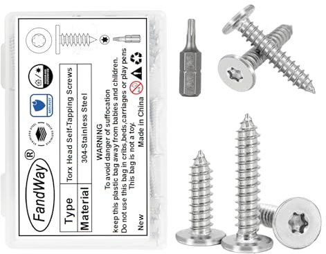 FandWay M5x40mm Torx Vis Autotaraudeuses à Tête Plate,30 Pièces Vis à Bois Tête Fraisée en Acier Inoxydable 304,Tôle Autoperceuses Entièrement Fileté Avec 1 T20 Forets et Boîte.