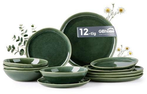 GBhome Steingut Geschirrset 4 Personen, 12-tlg Reaktive Glasur Handarbeit Geschirr Set, Mikrowellen- & Spülmaschinenfest Schüssel- und Teller Set