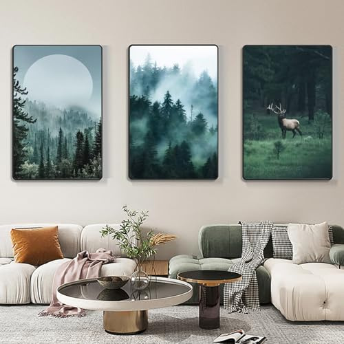 3er Poster Set, Moderne Grün Berge Wald Landschaft Bilder, Hirsch Wälder Wandbilder Collage Kunstposter, Leinwandbilder Wandposter Wanddeko für Wohnzimmer & Schlafzimmer, ohne Rahmen (50 x 70CM)