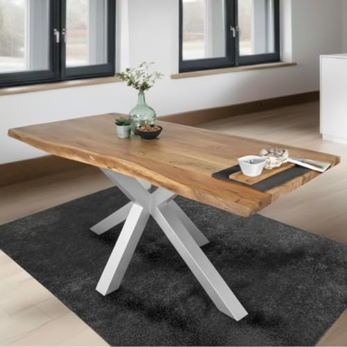 SAM Esstisch Tim 160x85 cm Akazie Natur/Spider-Gestell Silber | massiv, Echte Baumkante, Akazienholz naturfarben, Baumkantentisch, Esszimmertisch, Spider-Gestell silber