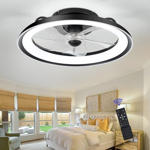 UVWHYZ Schwarzer Deckenventilator mit Beleuchtung (48cm) | Leise, 6 Geschwindigkeiten + Timer | LED Deckenlampe mit Fernbedienung & APP | Dimmbar 3000K-6500K | Für Schlafzimmer/Wohnzimmer