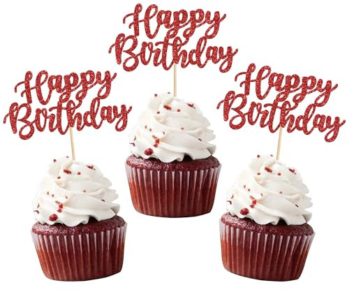 24 Stück Happy Birthday Cupcake Toppers Geburtstag Tortendeko Glitzer Alles Gute zum Geburtstag Kuchen Deko für Baby Dusche Kinder Party Kuchen Dekorationen Rot