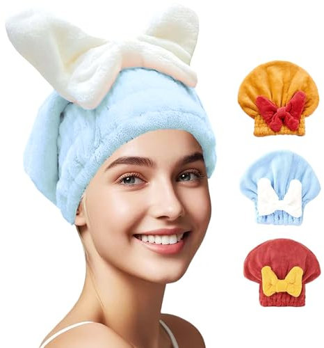Meichoon Panno per capelli in microfibra, confezione da 3 panni assorbenti per asciugacapelli con fiocco di design con cappuccio, elastico per asciugatura rapida e delicata e styling DK60 D
