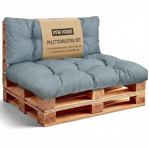 PFM HOME Palettenkissen Outdoor-Kissen für Palettensofa Palettenmöbel Europaletten - Gartenkissen - 1 x Rückenkissen 120 x 40 cm + 1 x Sitzkissen 120 x 80 cm - Himmelblau