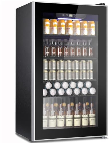 COWSAR Mini refrigerador refrigerador, refrigerador de bebidas de 130 latas con puerta de vidrio, refrigerador de vino con control de temperatura digital, luz LED, puerta reversible para el hogar