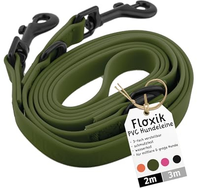 Floxik PVC Hundeleine 2m Grün | 3 Längen verstellbare Führleine für mittlere & große Hunde | Schmutz- & Wasserfest | Ideale Umhängeleine für das nächste Abenteuer mit deinem Liebling