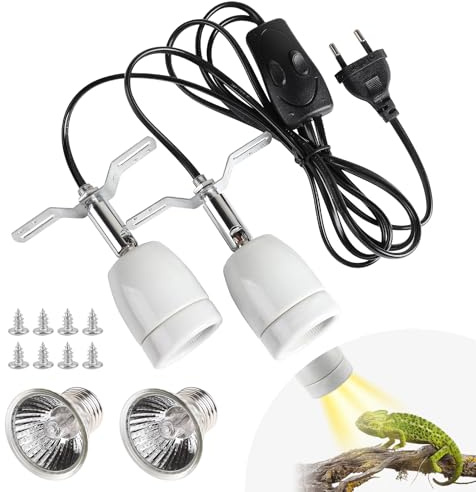 CPROSP Portalampada E27 Rettile Doppia Testa, con 2 * 25W Lampada, Lampada Riscaldante Presa con Doppio Interruttore, 1,8M Cavo e Spina, Lucertola Tartaruga UV, Presa in Porcellana Ruotabile a 360°