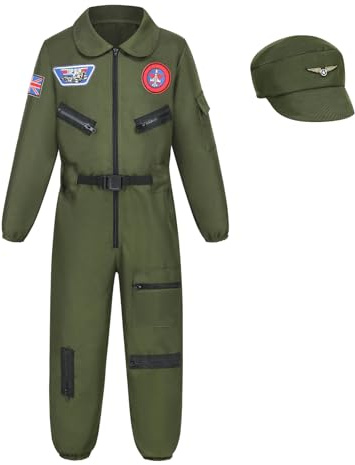 HAPNBCELE Kids Fighter Pilot Costume with Hat, Air Force Jumpsuit Uniform World Book Day Halloween Birthday Dress Up Party