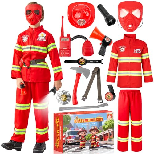 Lozzzyo Disfraz de Bombero para Niños Con Máscara, Casco de Bombero y Diversos Accesorios de Bombero Para Desfiles de Carnaval, Halloween, Cosplay y Fiestas Temáticas (120)
