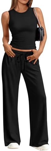 Trendy Queen Women's 2 Piece Summer Lounge Sets Butter Soft Tank Top & High Waisted Wide Leg Pants with Pockets Black M