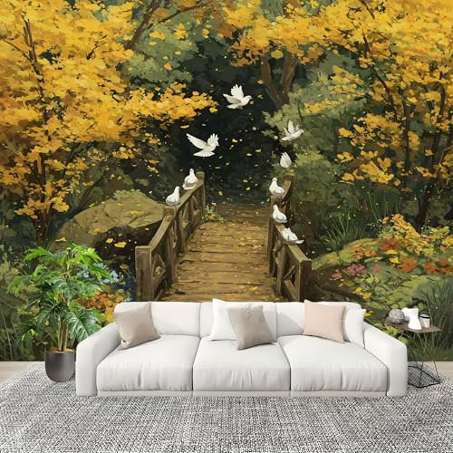 Grande taille Papier Peint de Photo 200x140 cm Pont En Bois Forestier Oiseaux Volants Peler Et Coller Papier Peint Panoramique intissé Murale Vert Pour Salon Chambre Enfant Chambre Décoration