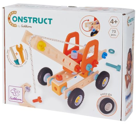 Eichhorn Construct Kranbil – 72-delad byggleksak med roterande hjul och rörlig kranarm för att främja teknikförståelse och motorik, FSC-certifierat trä, från 3 år