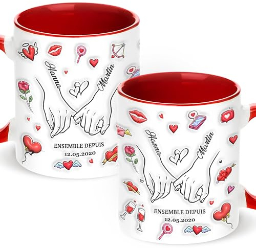 Easycosy Mug Personnalisé Texte, Cadeau Saint-Valentin Couple, Tasse à Café Personnalisable Nom&Date en Céramique Cadeau Homme Femme Petit Ami Petite Amie Anniversaire St Valentin Fabriqué en France