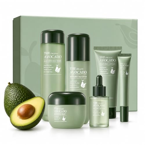 6 Stück Avocado Hautpflege Set, Korean Skincare Set mit Gesichtsreiniger, Toner, Serum, Lotion, Gesichtscreme & Augencreme, Geschenkset für Frauen & Mädchen, Feuchtigkeit Skin Care Set für Alle Haut