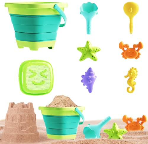 Sandspielzeug Kinder, 8-teiliges Strandspielzeug Sandkasten Spielzeug, Faltbarer Eimer, Filterkorb, Sand Toys Schaufel Gabel und 4 Burgform für Burg Bauen für Reise Spielplatz Garten, 2505B (B)