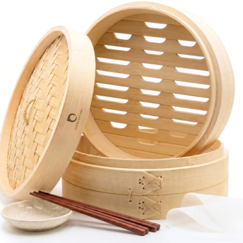 HAPPI STUDIO Bamboo Steamer Basket 8-Inch, 2-Tier Dumpling Steamer Cooking