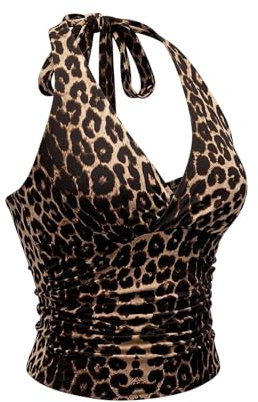 GORGLITTER Top da donna con bretelle, motivo leopardato, Y2K, per festival, per feste, Leo marrone, L
