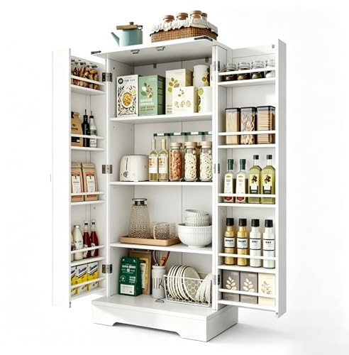 Nivadeui Küchenschrank 130cm H, Vorratsschrank Küche mit 2 Türen, Küchenbuffet Buffetschrank Landhausstil, Sideboard mit 6 Verstellbare Regale, Mehrzweckschrank für Küche Wohnzimmer Esszimmer