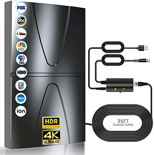 600km+ Antena TV Interior Potente，2026 Nueva Antena TDT Interior con Amplificador De Señal En，360°Recibe Canales De TV De Alta Definición 8K 4K 1080P，Compatible con Todos Los Tvs，Cable Coax De 10M