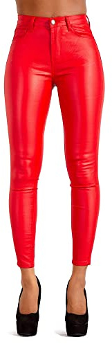 Glook Pantaloni Donna in Similpelle a Vita Alta, Skinny Fit con Tasche Posteriori Funzionali Perfetti per Stile Elegante e Biker (L, Rossa)